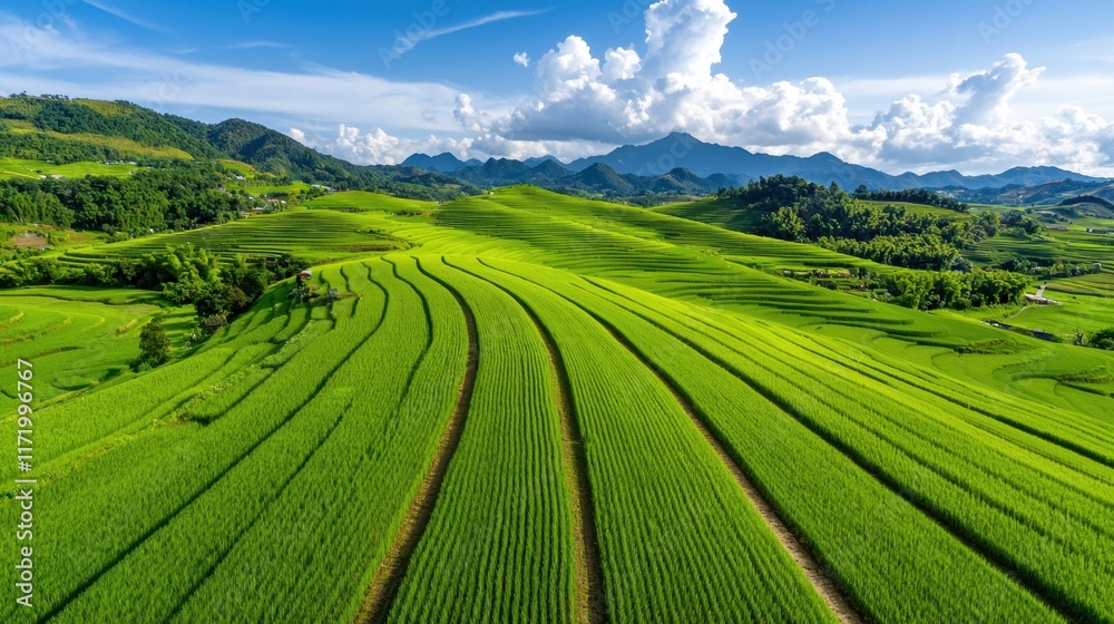 Fototapeta premium The neatly terraced fields stretching across hills create a picturesque landscape that is both serene and captivating.