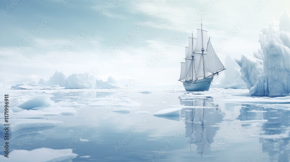 Fototapeta premium A ship sailing through frozen waters with sharp ice formations, soft natural light, empty space on the right side,generative ai illustration