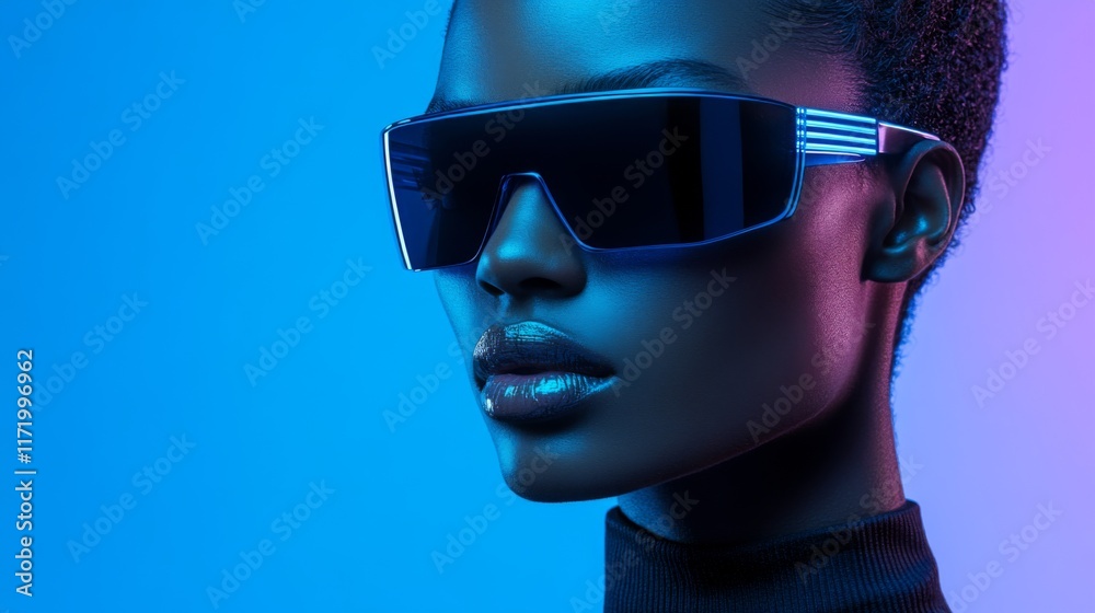 Stylish woman wearing futuristic black sunglasses Stylish woman wearing futuristic black sunglasses