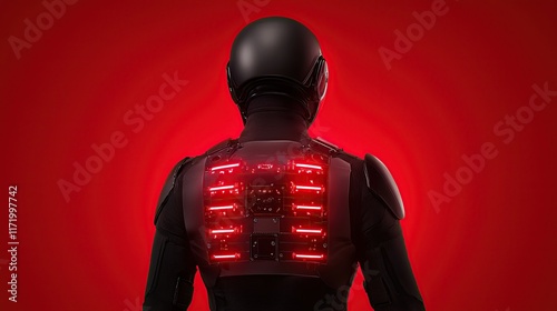 A futuristic figure in a sleek black suit with illuminated red accents stands against a vivid red background, exuding a sense of mystery and advanced technology. photo