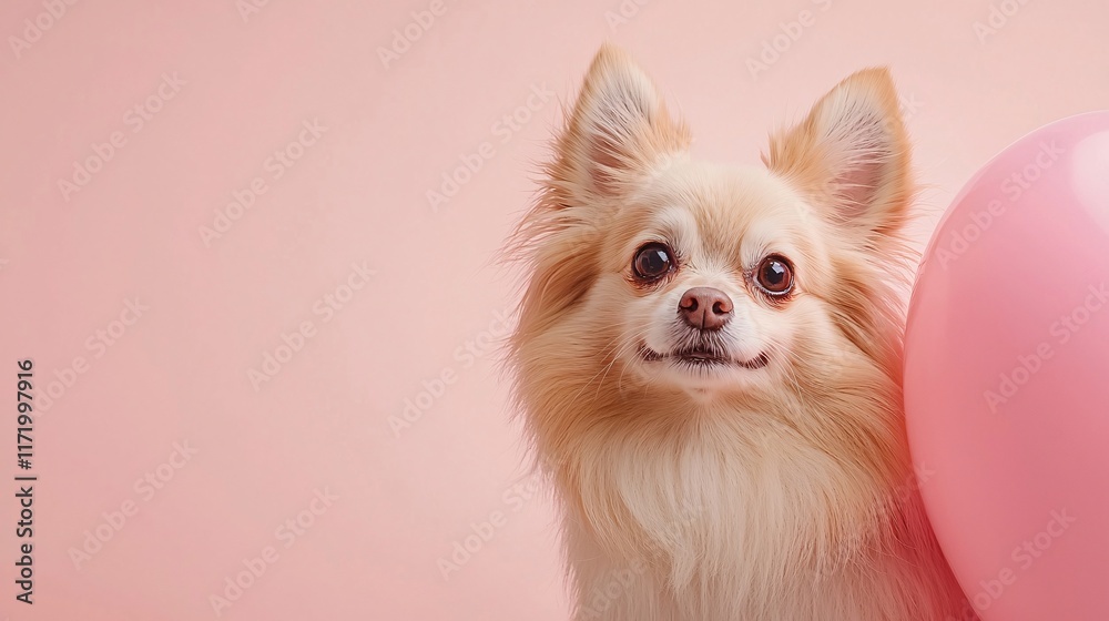 Pet hiding playful innocence concept. A fluffy dog with a cheerful expression stands beside a pink balloon against a soft pink background. Pet hiding playful innocence concept. A fluffy dog with a cheerful expression stands beside a pink balloon against a soft pink background.