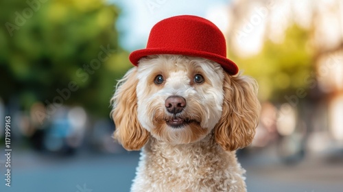 A fluffy white dog wearing a stylish red felt hat, perched slightly askew on its head, looking adorable and playful.