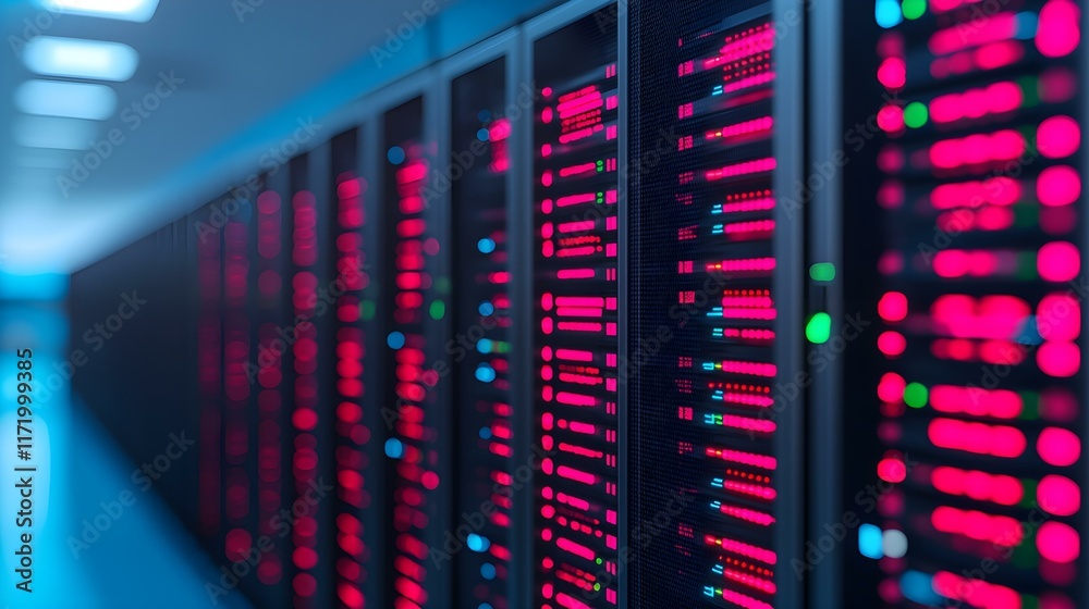 Red LED Lights Illuminate Server Racks in Modern Data Center Environment with Cool Tones and High-Tech Design Red LED Lights Illuminate Server Racks in Modern Data Center Environment with Cool Tones and High-Tech Design