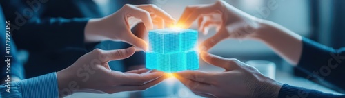 Wallpaper Mural Concept of teamwork, hands assembling glowing cube, 3D illustration Torontodigital.ca