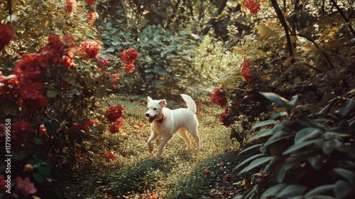 A playful white dog runs through a vibrant garden filled with blooming roses. photo