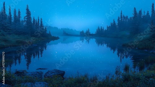 Fototapeta Naklejka Na Ścianę i Meble -  Serene night scene of a calm lake reflecting stars and misty forest.