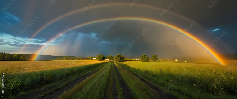 Obraz premium Vivid colors of a rainbow arching over fields after a summer rain