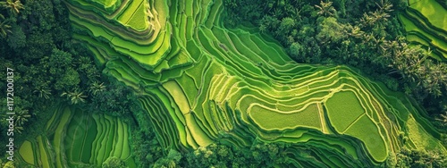 A serene aerial perspective of a labyrinthine network of rice terraces carved into steep mountainsides, Rice terrace labyrinth scene, Serene style