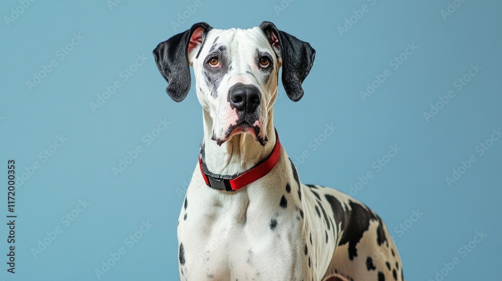 A portrait of a Great Dane with a striking coat against a blue background.