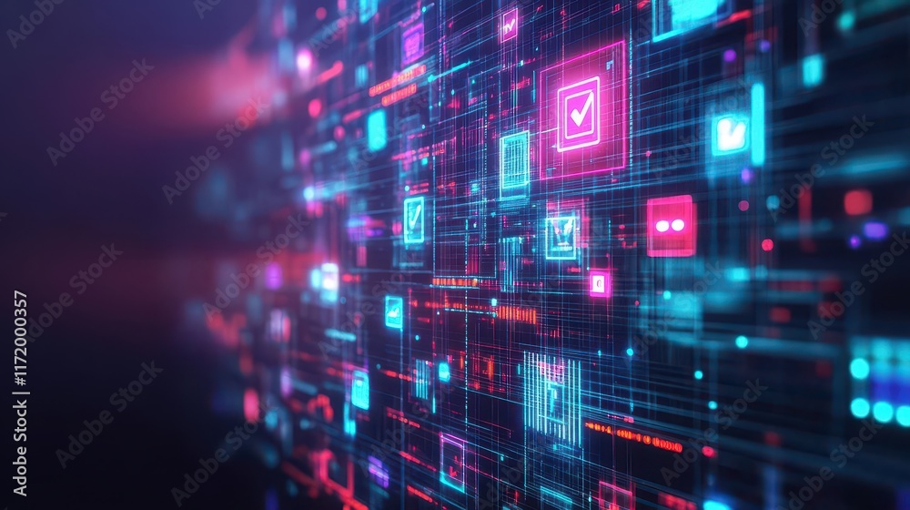 Digital ad optimization, neon algorithm icons, 3D illustration Digital ad optimization, neon algorithm icons, 3D illustration