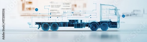 Diagram of a truck chassis with labels for load points, technical sketch style, monochrome with blue accents