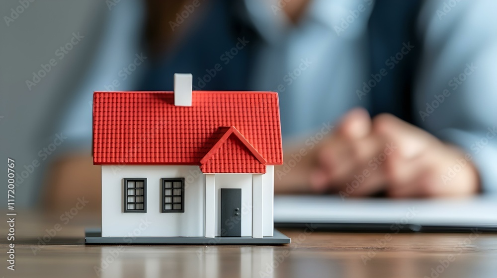 Model house on wooden table with blurred background of professional discussing real estate investment opportunities Model house on wooden table with blurred background of professional discussing real estate investment opportunities