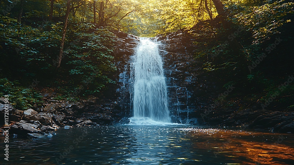 Serene waterfall cascading down rocky cliff into a tranquil pool, surrounded by lush green forest. Serene waterfall cascading down rocky cliff into a tranquil pool, surrounded by lush green forest.