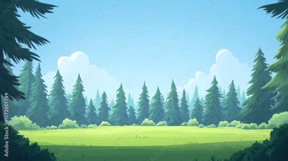 Fototapeta premium Serene meadow surrounded by tall pine trees under a bright blue sky