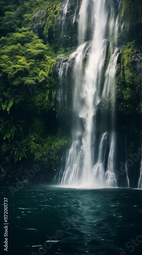 Close-up shot of a breathtaking waterfall, clear watermarks, ambient light, space on the left side,generative ai illustration