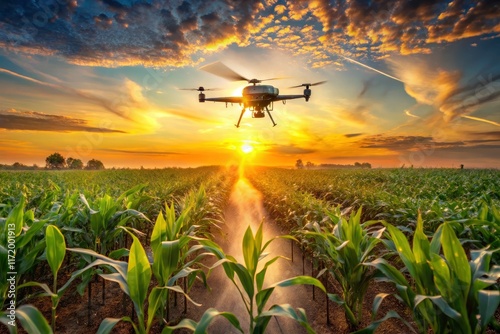 Double exposure captures a drone's precision fertilizer application, highlighting modern farming's technological advancements.