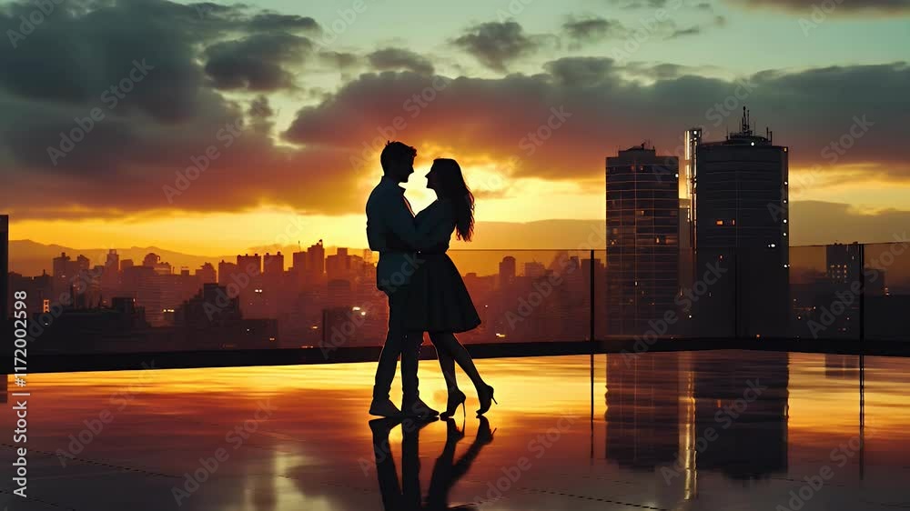 Romantic couple silhouetted against vibrant sunset skyline, embracing in love during enchanting evening in city.