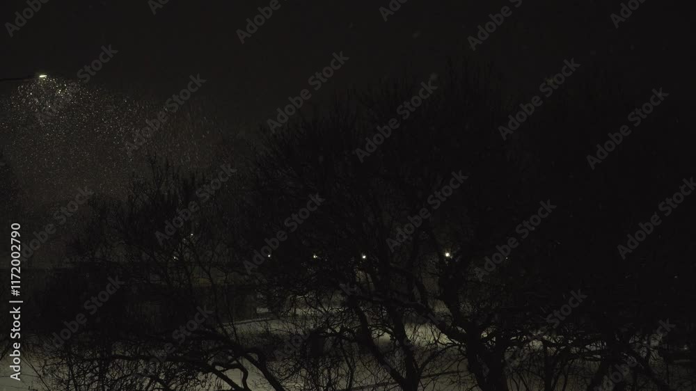 A serene snowfall gently blankets a quiet small town at night, illuminated by glowing lantern lights. Bare tree silhouettes add depth to the tranquil, atmospheric winter scene.