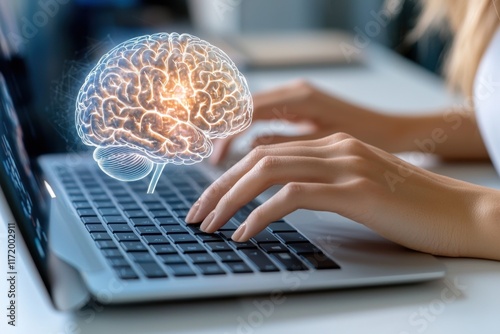 The multi exposure image showcases a pair of woman hands typing on a computer keyboard, overlaid with a futuristic brain hologram drawing
