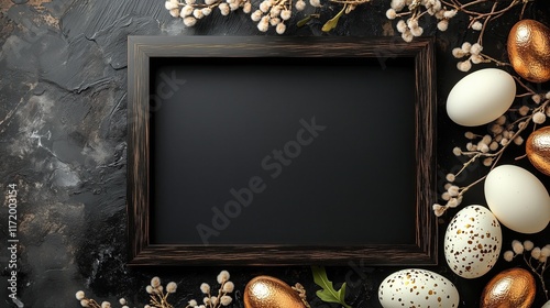 A dark and moody Easter-themed still life with golden eggs and a blank black frame on a textured background. photo