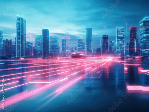 Futuristic urban waterfront with electricpowered boats and glowing voltage lines illuminating the sustainable cityscape photo