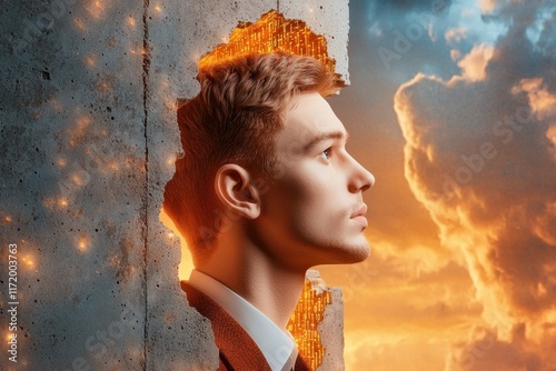 The 3D rendering algorithm utilizes binary data code to decrypt and encode a row matrix, creating a unique visualization of a man's head as a keyhole within a concrete blocks wall.