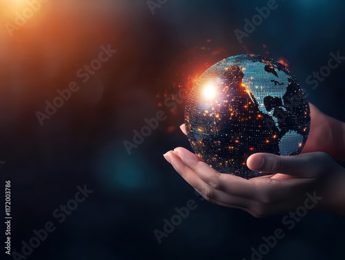 Hands holding a digital globe, global venture symbol, 3D illustration