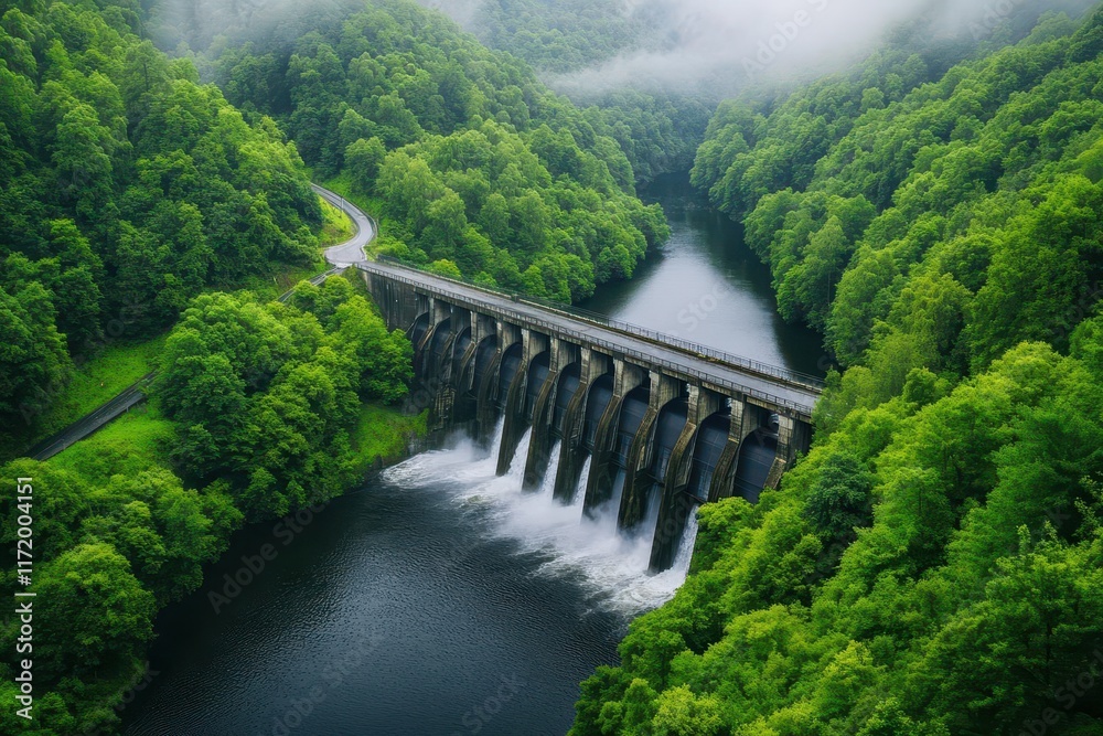 Fototapeta premium Hydroelectric dam with cascading water, surrounded by lush greenery, bright natural lighting, hyperrealistic photography