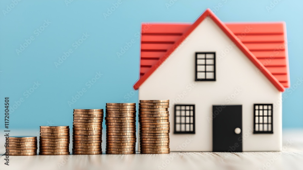 Growth of Savings for Home Purchase with Coins Stacked Next to a Small House Model on a Light Blue Background Growth of Savings for Home Purchase with Coins Stacked Next to a Small House Model on a Light Blue Background