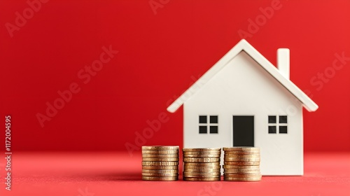 Conceptual Representation of Real Estate Investment with House Model and Stacks of Coins on Vibrant Red Background