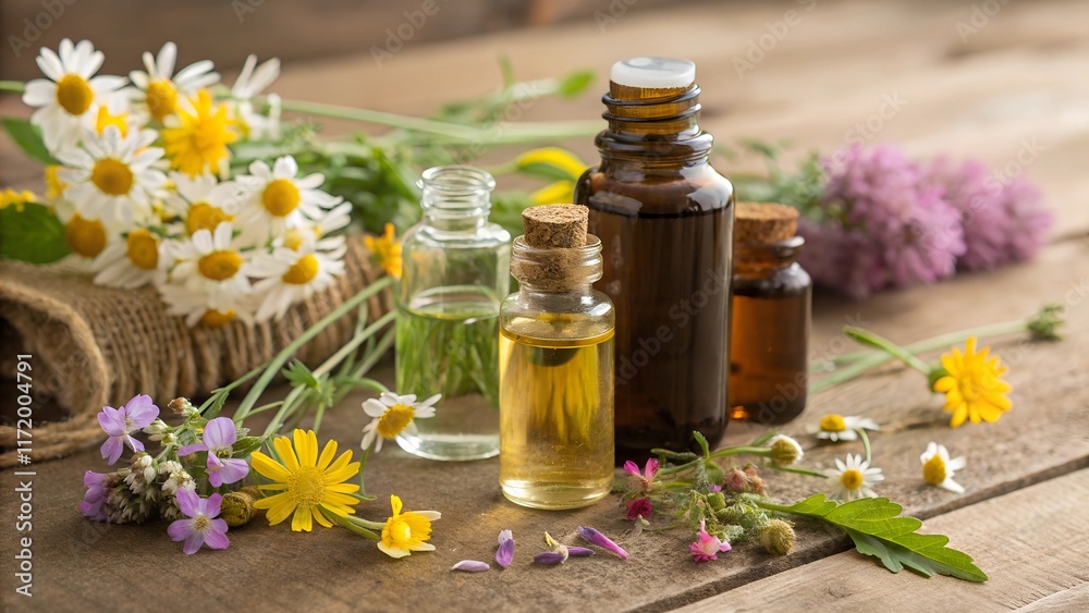 A set of small glass bottles with different essential oils, surrounded by colorful spring meadow flowers (daisies, wildflowers). The background is rustic wood, and the lighting is warm and soft.
A set of small glass bottles with different essential oils, surrounded by colorful spring meadow flowers (daisies, wildflowers). The background is rustic wood, and the lighting is warm and soft.
