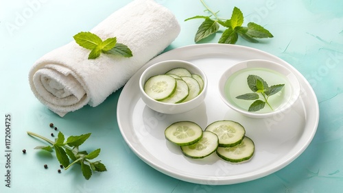  A clean white plate with cucumber slices arranged neatly, a small bowl of water with mint leaves, and a rolled-up towel. The background is a soft pastel color, and the lighting is bright, evoking a s photo