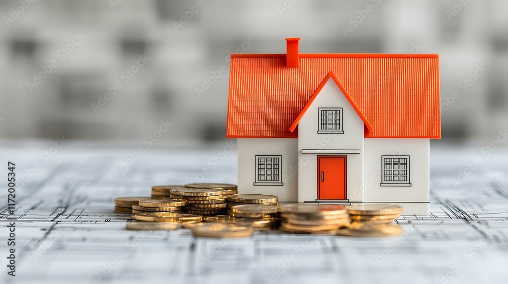 Model House with Orange Roof on Blueprints Surrounded by Stacked Coins Representing Real Estate Investment and Financial Planning Model House with Orange Roof on Blueprints Surrounded by Stacked Coins Representing Real Estate Investment and Financial Planning