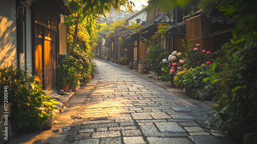 Serene cobblestone alley lined with greenery and blooming flowers in a quaint town setting