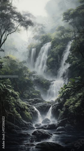 Magnificent waterfall with visible watermarks, soft natural light, empty space on the right side,generative ai illustration
