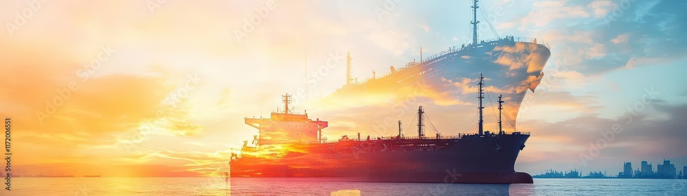 Obraz premium oil tankers and logistics close up, focus on, copy space earthy accents Double exposure silhouette with ships at sea