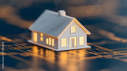 Miniature House Model with Warm Lights on Architectural Blueprint Background for Real Estate and Design Concepts