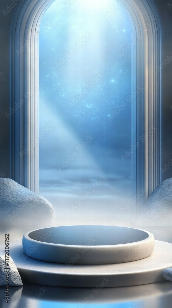 A serene portal with a glowing light, surrounded by mist and rocks, suggesting tranquility. A serene portal with a glowing light, surrounded by mist and rocks, suggesting tranquility.