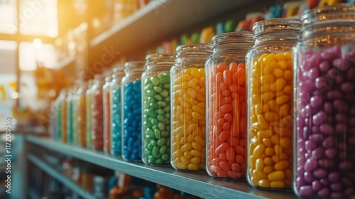 Wallpaper Mural Colorful jelly beans in glass jars on shelves. Shop display of assorted candies. Torontodigital.ca