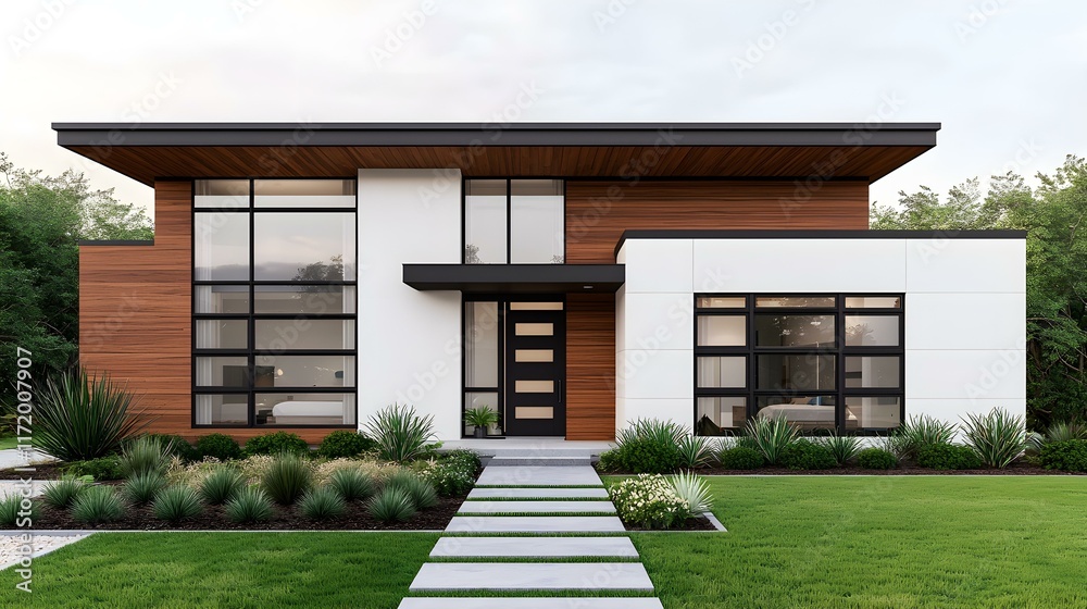 Obraz premium Modern Architectural Design of a Stylish Home with Clean Lines and Natural Landscaping Surroundings