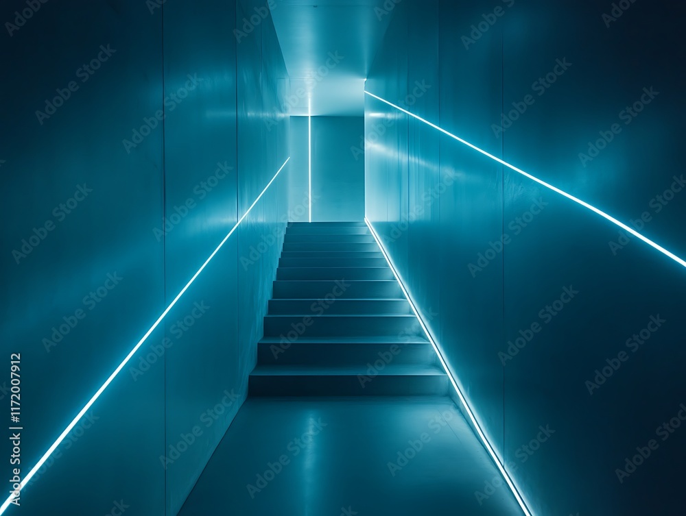 Teal Staircase Illuminated by Neon Lines Teal Staircase Illuminated by Neon Lines