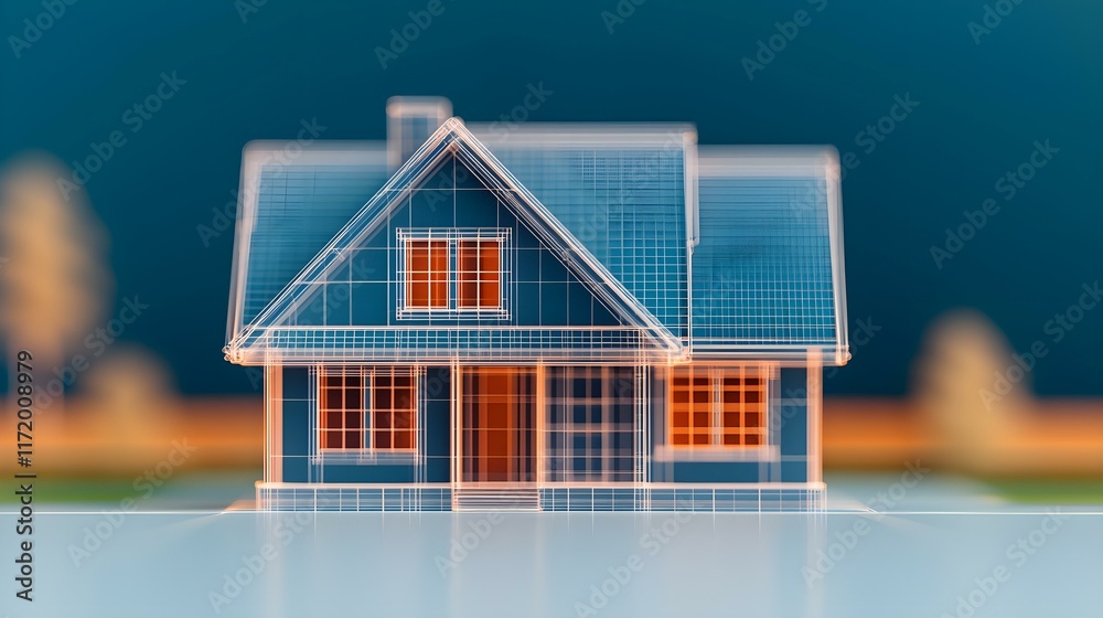 Wireframe Model of a Cozy Residential House with Warm Lighting and Nature Background Wireframe Model of a Cozy Residential House with Warm Lighting and Nature Background