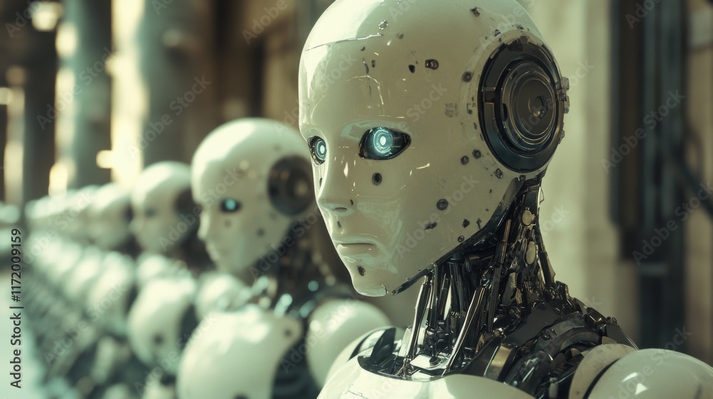 Fototapeta premium Group of humanoid robots in a futuristic laboratory