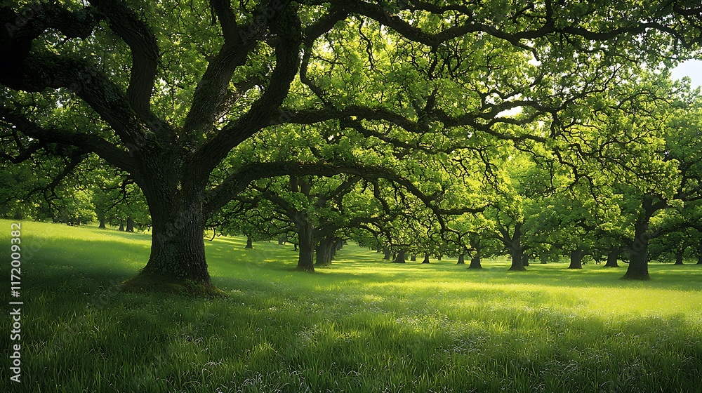 Sunlit meadow with majestic oak trees, lush green foliage, and vibrant grass. Sunlit meadow with majestic oak trees, lush green foliage, and vibrant grass.