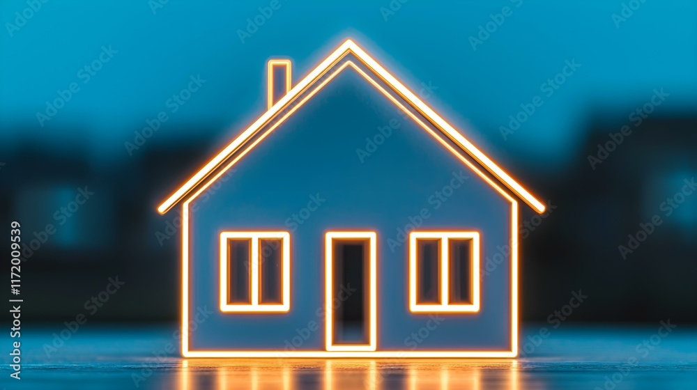 Neon Light Effect of a House Icon on a Blue Background for Modern Home Concepts and Design Representations Neon Light Effect of a House Icon on a Blue Background for Modern Home Concepts and Design Representations
