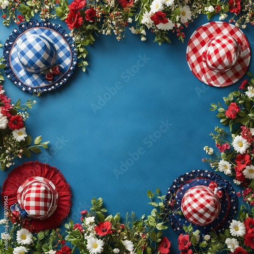 Independence day 4th of july, hats on picnic background, top view, patriotic red, white and blue colors, blue space in center photo