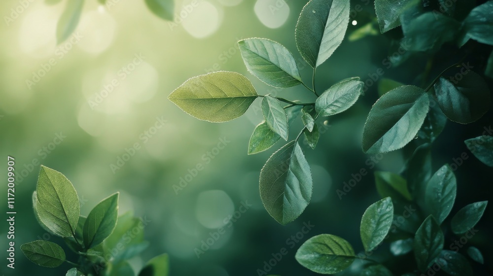 Close-up of fresh green leaves with soft sunlight Close-up of fresh green leaves with soft sunlight