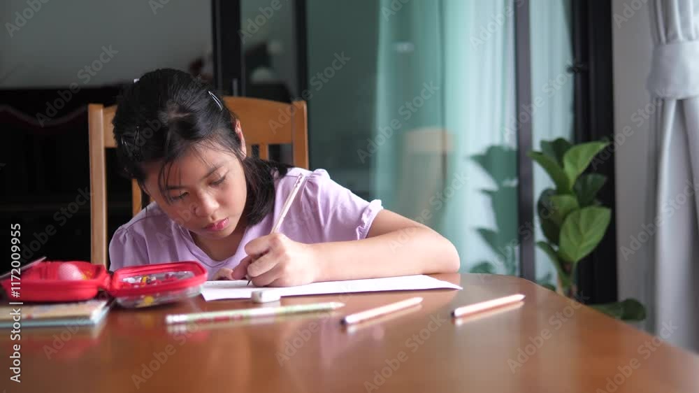 Asian Elementary School Girl Studying at Home: A Concept of Education and Learning