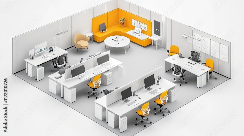 Modern office layout featuring workstations, meeting areas, and vibrant seating. Modern office layout featuring workstations, meeting areas, and vibrant seating.