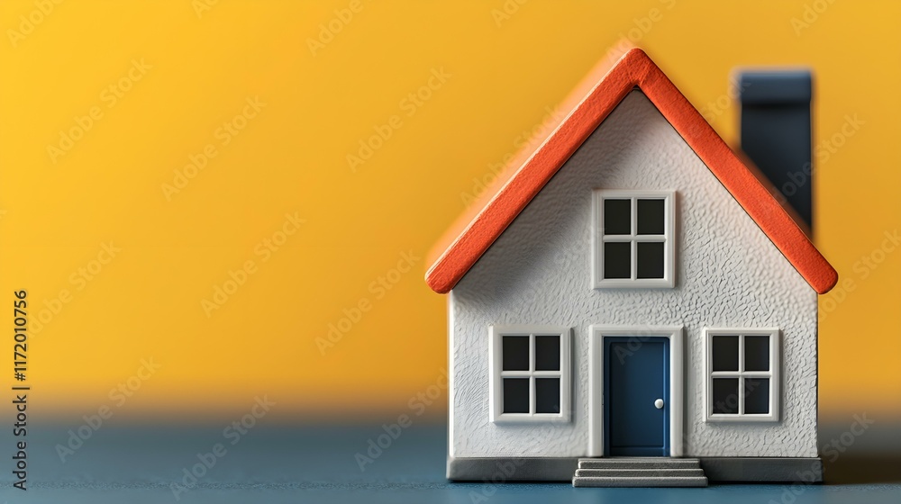 Charming miniature house with colorful roof against bright yellow background for real estate and home themes Charming miniature house with colorful roof against bright yellow background for real estate and home themes